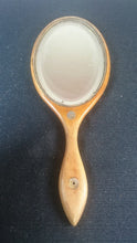 Load image into Gallery viewer, Antique Wooden Vanity Hand Mirror Wood with Mother of Pearl Inlay and Beveled Glass Early 1900's