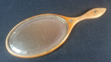 Load image into Gallery viewer, Antique Wooden Vanity Hand Mirror Wood with Mother of Pearl Inlay and Beveled Glass Early 1900's