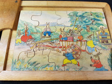 Load image into Gallery viewer, Vintage Wooden Children's Jigsaw Puzzle in Wood Case Box with Bunny Rabbits Illustration 1920's