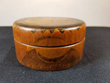 Load image into Gallery viewer, Antique Poker Work Treen Carved Wood Round Jewelry or Trinket Box Early 1900's Original Hand Made