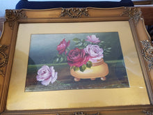 Load image into Gallery viewer, Antique Pink and Red Rose Flowers Oil Painting in Original Gold Gilt Frame Victorian Roses 1800's
