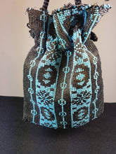 Load image into Gallery viewer, Vintage Beaded Hand Bag Evening Purse Blue and Black Glass Beads Drawstring 1920's Art Deco