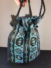 Load image into Gallery viewer, Vintage Beaded Hand Bag Evening Purse Blue and Black Glass Beads Drawstring 1920's Art Deco