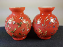 Load image into Gallery viewer, Antique Victorian Cranberry Glass Posy Flower Vases Set of 2 Hand Painted Original 1800's