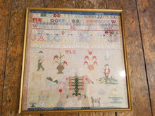 Load image into Gallery viewer, Antique Child's Sampler Needlepoint Embroidery Sample 1877 Jane Annie Armstrong Age 14 Framed Art Victorian Original Hand Embroidered