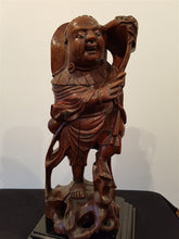 Load image into Gallery viewer, Antique Chinese Buddha Wood Carving with Teeth and Glass Eyes Hand Carved Wooden Statue Sculpture Figurine Original Art