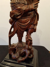 Load image into Gallery viewer, Antique Chinese Buddha Wood Carving with Teeth and Glass Eyes Hand Carved Wooden Statue Sculpture Figurine Original Art