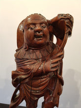 Load image into Gallery viewer, Antique Chinese Buddha Wood Carving with Teeth and Glass Eyes Hand Carved Wooden Statue Sculpture Figurine Original Art