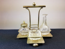 Load image into Gallery viewer, Vintage Clear Cut Glass Cruet Set in Silver Plated Stand Art Deco 1920's Original with Mustard or Pepper Pot Salt Cellar and Vinegar Bottle