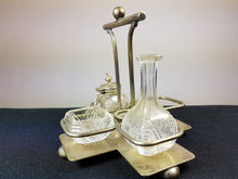 Load image into Gallery viewer, Vintage Clear Cut Glass Cruet Set in Silver Plated Stand Art Deco 1920's Original with Mustard or Pepper Pot Salt Cellar and Vinegar Bottle