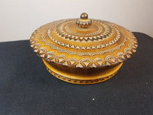 Load image into Gallery viewer, Vintage Hand Carved Wood Round Box Jewelry Trinket or Sewing Hand Made Signed by Artist and Dated 1958 Original