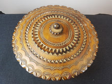 Load image into Gallery viewer, Vintage Hand Carved Wood Round Box Jewelry Trinket or Sewing Hand Made Signed by Artist and Dated 1958 Original
