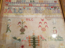 Load image into Gallery viewer, Antique Child's Sampler Needlepoint Embroidery Sample 1877 Jane Annie Armstrong Age 14 Framed Art Victorian Original Hand Embroidered