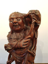 Load image into Gallery viewer, Antique Chinese Buddha Wood Carving with Teeth and Glass Eyes Hand Carved Wooden Statue Sculpture Figurine Original Art