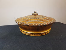 Load image into Gallery viewer, Vintage Hand Carved Wood Round Box Jewelry Trinket or Sewing Hand Made Signed by Artist and Dated 1958 Original