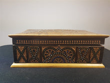 Load image into Gallery viewer, Antique Anglo Indian Carved Wood Jewelry or Trinket Box with Inlaid Glass Beads Beadwork Inlay Vintage