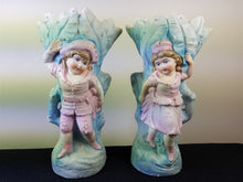 Load image into Gallery viewer, Antique German Bisque Flower Vase Set of 2 Pair Boy and Girl Figurines Victorian Original 1800's Ceramic Porcelain Hand Painted