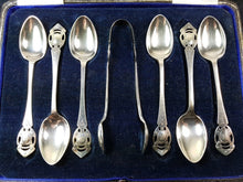 Load image into Gallery viewer, Vintage Art Deco Teaspoon Set with Sugar Tongs 6 Teaspoons in Original Presentation Box 1920's Original Sheffield Silver Plated