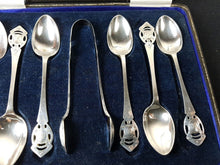 Load image into Gallery viewer, Vintage Art Deco Teaspoon Set with Sugar Tongs 6 Teaspoons in Original Presentation Box 1920's Original Sheffield Silver Plated