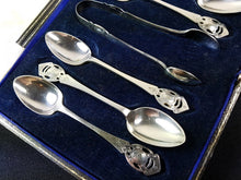 Load image into Gallery viewer, Vintage Art Deco Teaspoon Set with Sugar Tongs 6 Teaspoons in Original Presentation Box 1920's Original Sheffield Silver Plated
