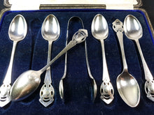Load image into Gallery viewer, Vintage Art Deco Teaspoon Set with Sugar Tongs 6 Teaspoons in Original Presentation Box 1920's Original Sheffield Silver Plated