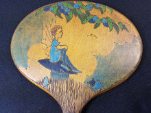 Load image into Gallery viewer, Antique Wooden Vanity Hand Mirror with Tinker Bell Peter Pan Fairy Tale Pyrography Poker Work Painting Early 1900's Original Wood Art