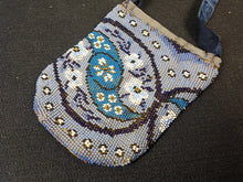 Load image into Gallery viewer, Antique Victorian Glass Beaded Pouch Wrist Purse 1800's Original Evening Bag Blue and White Glass Beads Beadwork