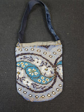 Load image into Gallery viewer, Antique Victorian Glass Beaded Pouch Wrist Purse 1800's Original Evening Bag Blue and White Glass Beads Beadwork