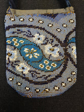 Load image into Gallery viewer, Antique Victorian Glass Beaded Pouch Wrist Purse 1800's Original Evening Bag Blue and White Glass Beads Beadwork