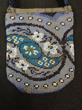 Load image into Gallery viewer, Antique Victorian Glass Beaded Pouch Wrist Purse 1800's Original Evening Bag Blue and White Glass Beads Beadwork