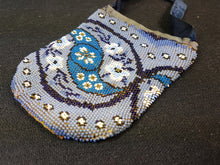 Load image into Gallery viewer, Antique Victorian Glass Beaded Pouch Wrist Purse 1800's Original Evening Bag Blue and White Glass Beads Beadwork