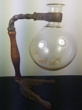 Load image into Gallery viewer, Antique Laboratory Flask Bottle with Wood Handle and Cast Iron Claw Feet Stand Scientific 1800's Original Rare Unusual Oddity