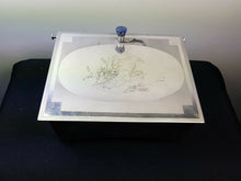 Load image into Gallery viewer, Vintage Jewelry Trinket Box Silver Chrome Metal with Etched Birds 1920's Art Deco with Amethyst Stone Top Pull Handle