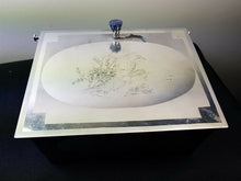 Load image into Gallery viewer, Vintage Jewelry Trinket Box Silver Chrome Metal with Etched Birds 1920's Art Deco with Amethyst Stone Top Pull Handle