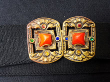 Load image into Gallery viewer, Vintage Black Stretch Belt with Gold Metal Buckle with Rhinestones and Red Stone 1930's Women's Ladies