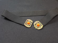 Load image into Gallery viewer, Vintage Black Stretch Belt with Gold Metal Buckle with Rhinestones and Red Stone 1930's Women's Ladies