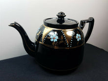 Load image into Gallery viewer, Antique Teapot Gold and Black Ceramic Pottery with Hand Painted Blue Flowers Victorian Original