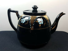 Load image into Gallery viewer, Antique Teapot Gold and Black Ceramic Pottery with Hand Painted Blue Flowers Victorian Original