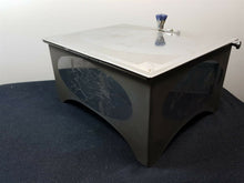Load image into Gallery viewer, Vintage Jewelry Trinket Box Silver Chrome Metal with Etched Birds 1920's Art Deco with Amethyst Stone Top Pull Handle