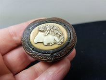 Load image into Gallery viewer, Antique Pill Box Jewelry or Trinket Cameo Copper and Brass Metal Celluloid Hand Etched Victorian Edwardian Late 1800's - Early 1900's Oval