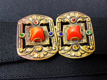 Load image into Gallery viewer, Vintage Black Stretch Belt with Gold Metal Buckle with Rhinestones and Red Stone 1930's Women's Ladies