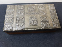 Load image into Gallery viewer, Antique Cigarette Box Wood and Pewter Metal Tooled Early 1900's Hand Made Original Arts and Crafts