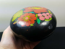 Load image into Gallery viewer, Vintage Russian Box Hand Painted Round for Powder Jewelry Trinket Black with Hand Painted Flowers Black Orange Pink Red Green 1929 Original