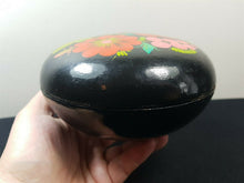 Load image into Gallery viewer, Vintage Russian Box Hand Painted Round for Powder Jewelry Trinket Black with Hand Painted Flowers Black Orange Pink Red Green 1929 Original