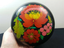 Load image into Gallery viewer, Vintage Russian Box Hand Painted Round for Powder Jewelry Trinket Black with Hand Painted Flowers Black Orange Pink Red Green 1929 Original
