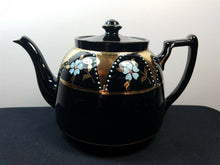 Load image into Gallery viewer, Antique Teapot Gold and Black Ceramic Pottery with Hand Painted Blue Flowers Victorian Original