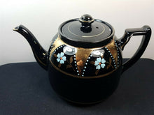 Load image into Gallery viewer, Antique Teapot Gold and Black Ceramic Pottery with Hand Painted Blue Flowers Victorian Original