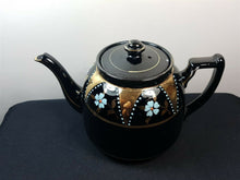 Load image into Gallery viewer, Antique Teapot Gold and Black Ceramic Pottery with Hand Painted Blue Flowers Victorian Original