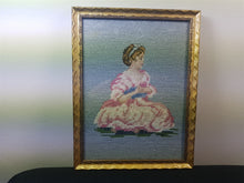Load image into Gallery viewer, Antique Needlepoint Tapestry Girl in Pink Dress Portrait in Gold Gilt Frame Hand Made Original Needle Petite Point Embroidery Embroidered