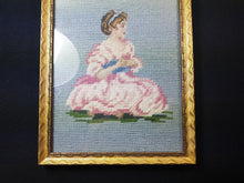 Load image into Gallery viewer, Antique Needlepoint Tapestry Girl in Pink Dress Portrait in Gold Gilt Frame Hand Made Original Needle Petite Point Embroidery Embroidered